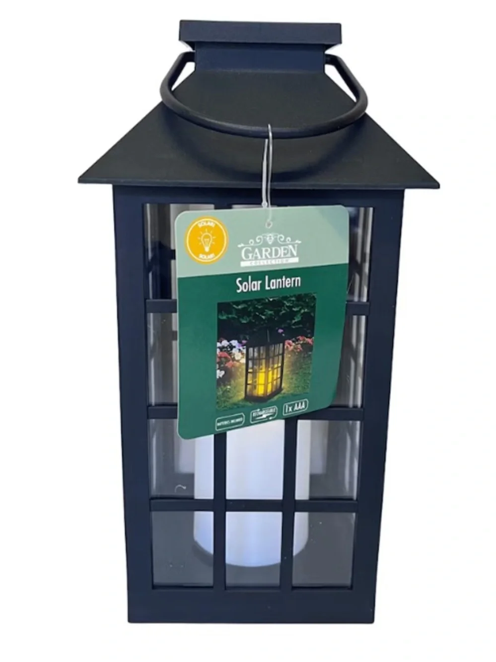 Black Grid-Frame Solar Lantern with Faux Candle Accent
